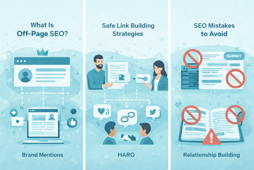 Off-page SEO concept illustration showing brand mentions, backlinks and social signals
