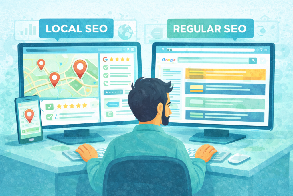 Difference between local SEO and regular SEO illustration showing map-based and global search results