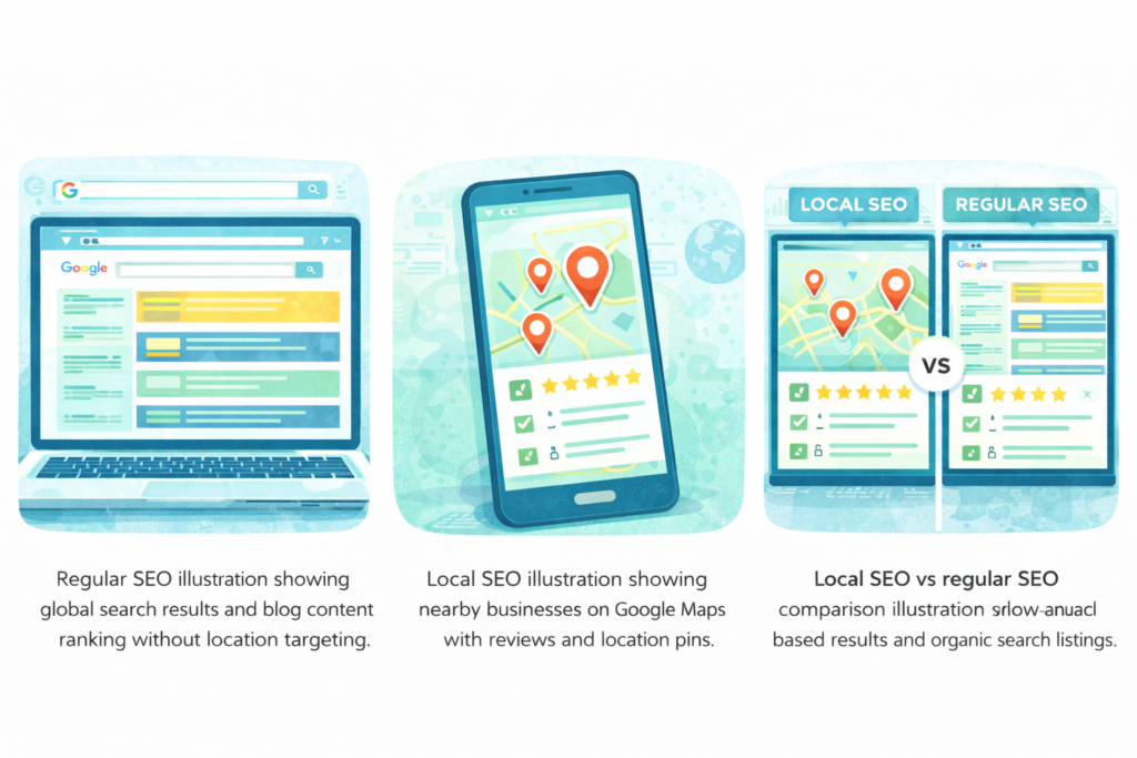 Regular SEO illustration showing global search results and blog content ranking without location targeting.